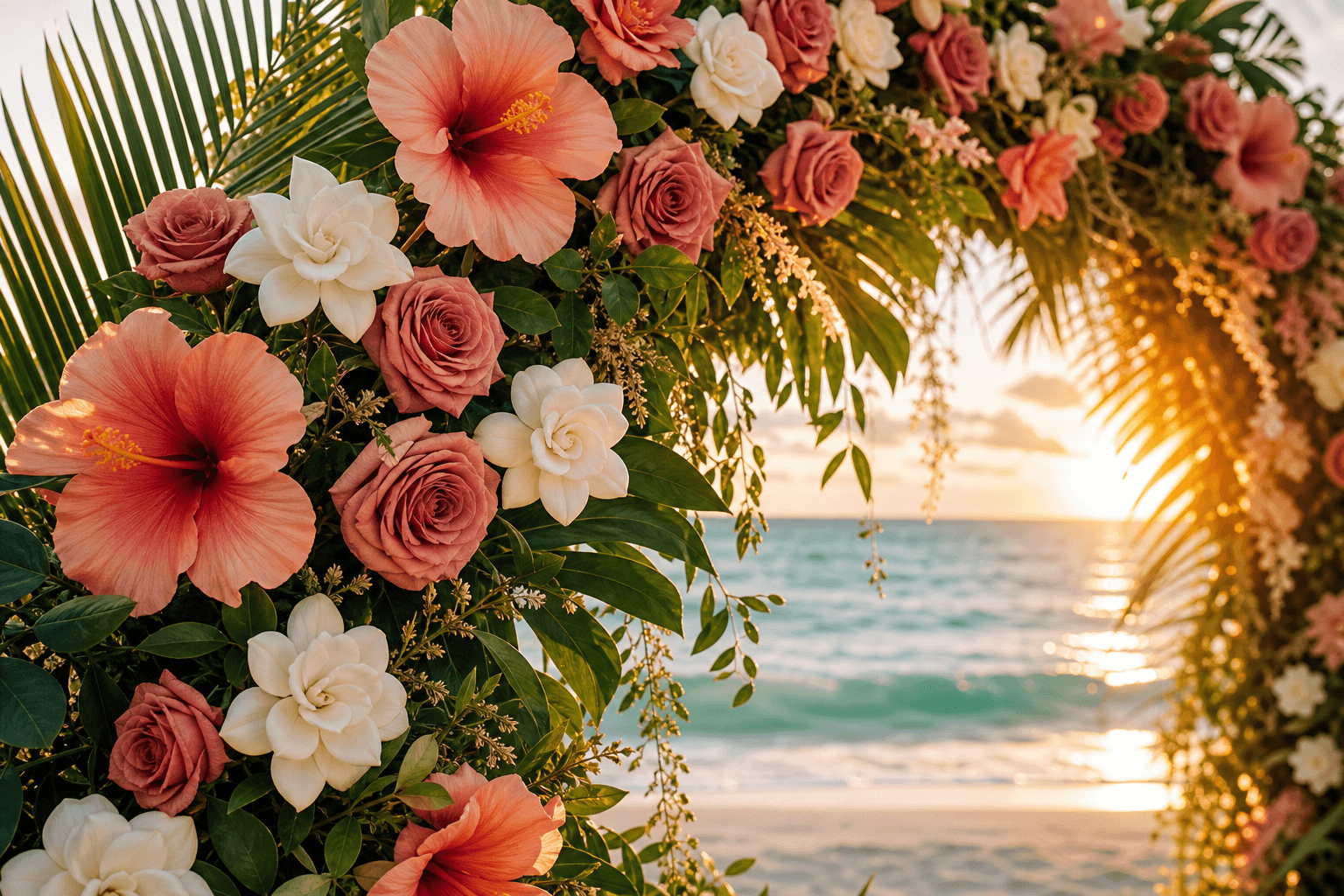 Elegant tropical floral arch for a Florida beach wedding ceremony decor setup, lush orchids and greenery framing a turquoise ocean backdrop at golden hour