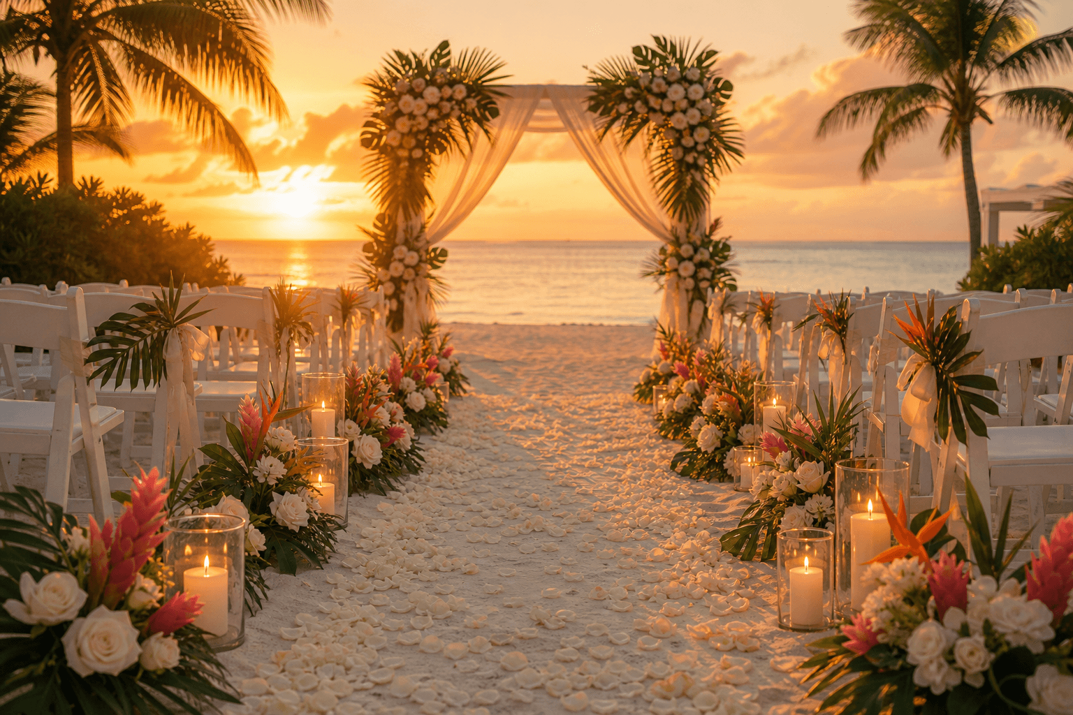 Florida beach wedding ceremony aisle styled with flower petals and glass lanterns on white sand, warm golden sunset light in background