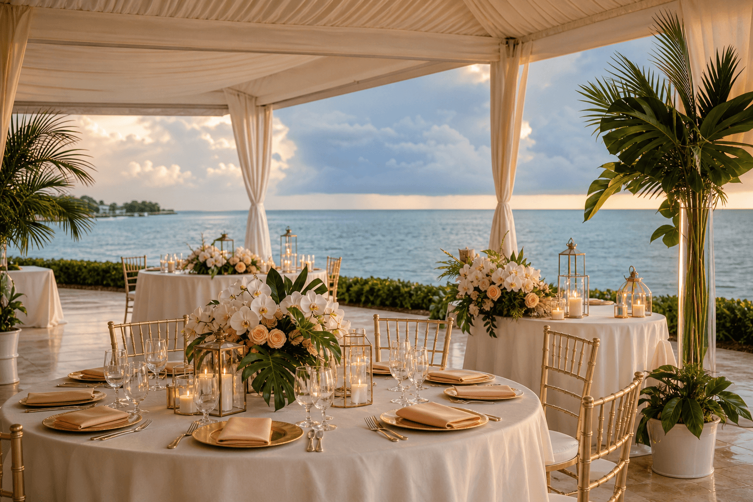 Covered Florida waterfront wedding terrace with ivory drapery, tropical floral tables, lanterns, and ocean views beneath a summer cloud bank