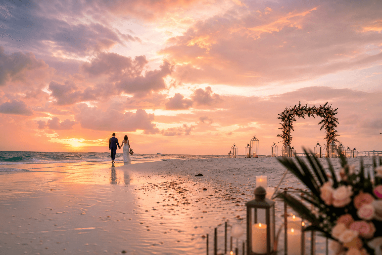Newlywed couple walking as silhouettes on a Florida beach after rain beneath a peach-and-gold sunset, with lanterns and a floral arch in the distance