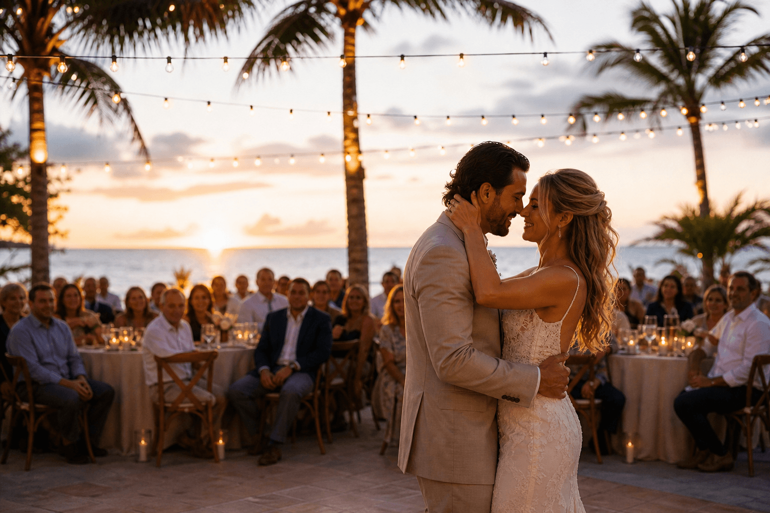 Couple sharing first dance at a Florida beach wedding reception at sunset, string lights overhead, guests at reception tables with ocean view in background