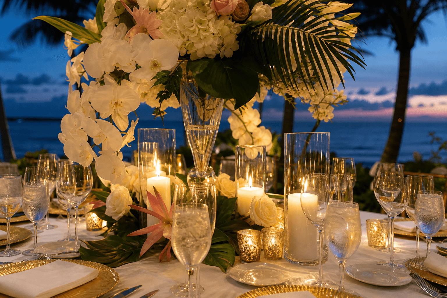 Elegant Florida beach wedding reception table setting at dusk, tropical floral centerpiece with orchids and palm leaves, candles in glass holders, ocean visible at twilight