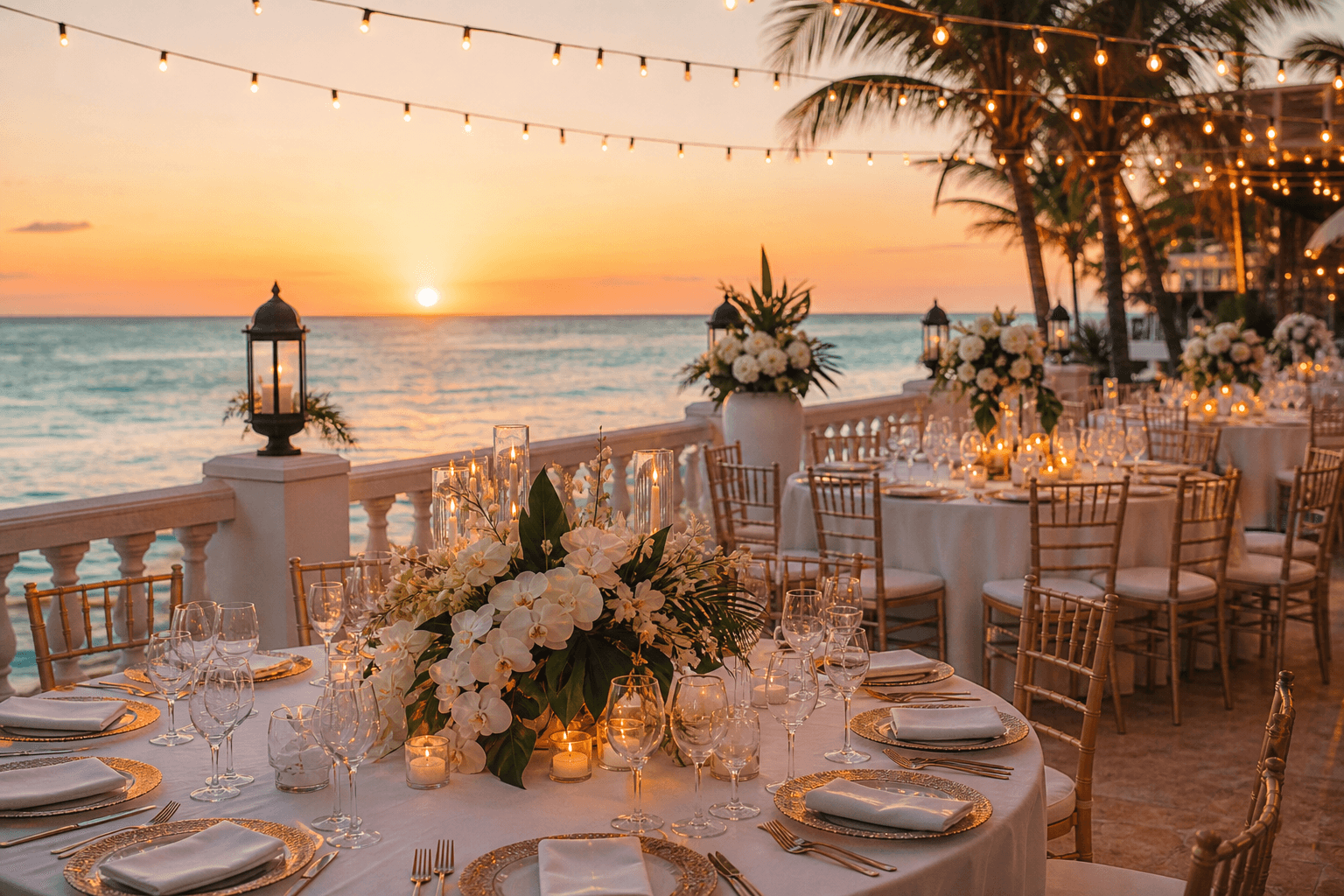 Elegant Florida beach wedding reception setup at golden hour, waterfront tables with tropical floral centerpieces and string lights over the ocean at sunset