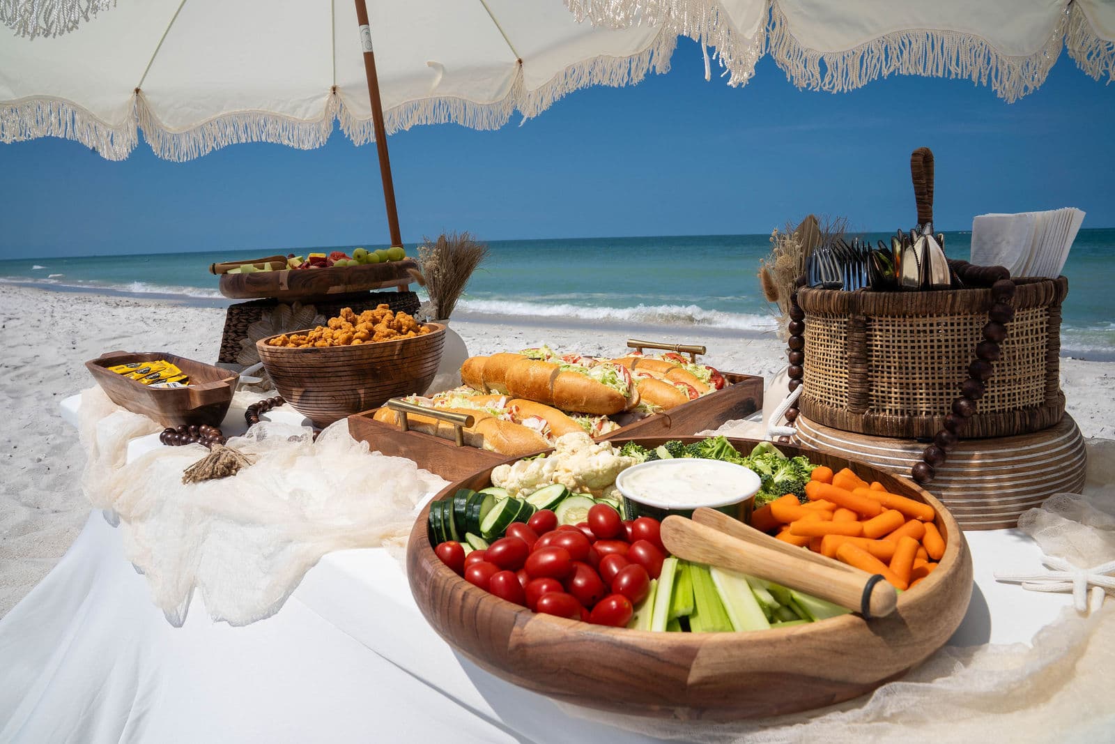 Beach wedding reception buffet overlooking the Gulf